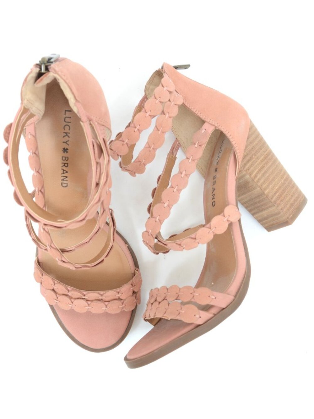 Lucky Brand Leather Lameer 8 (EUR 38.5) Braided Straps Block Heels Feminine